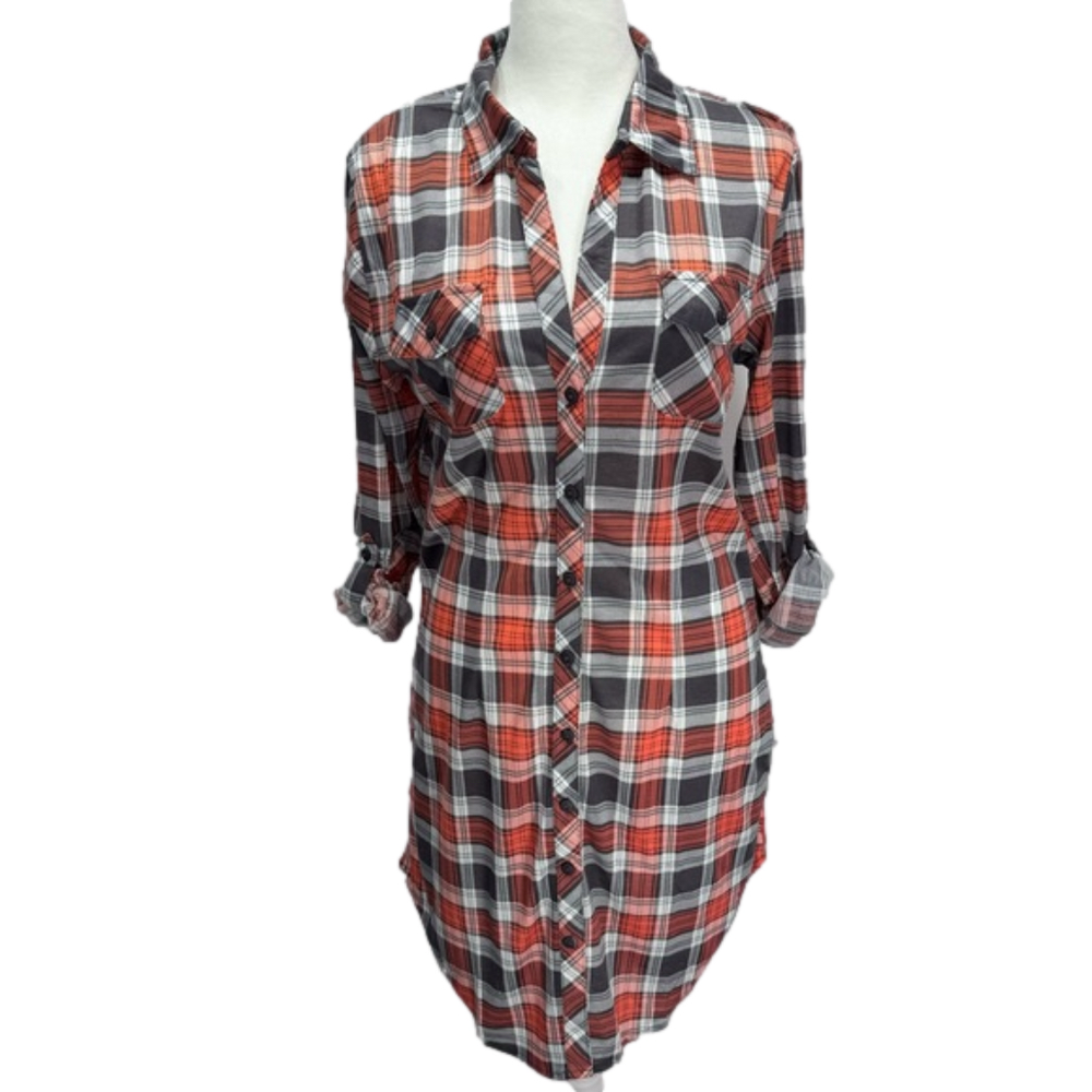 NEW White Mark Coral & Gray Plaid Lightweight Button Front Shirt Dress Small